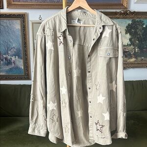 One Teaspoon Beige Distressed Button-Up Star Shirt